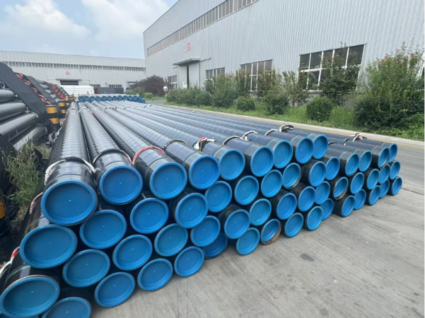 Close-up of 3LPE coating layer on steel pipe surface